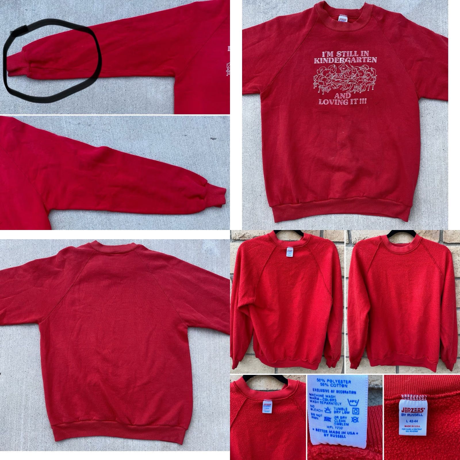 Jerzees VINTAGE Im Still In Kindergarten And Loving It Raglan Sweatshirt Worn Distressed Mens L Red Jerzees Graphic Print Cotton Blend Pullover Long Sleeve Size US L / EU 52-54 / 3 - 10 Thumbnail