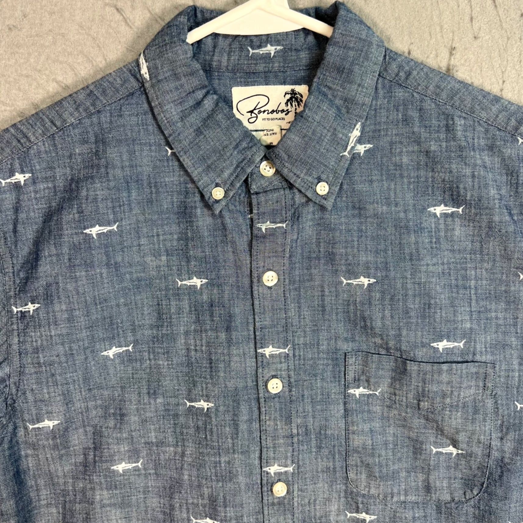 Bonobos Bonobos Shirt Mens Medium Chambray Button-Down Short Sleeve Slim Fit Casual Shark Print Blue Size US M / EU 48-50 / 2 - 5 Thumbnail