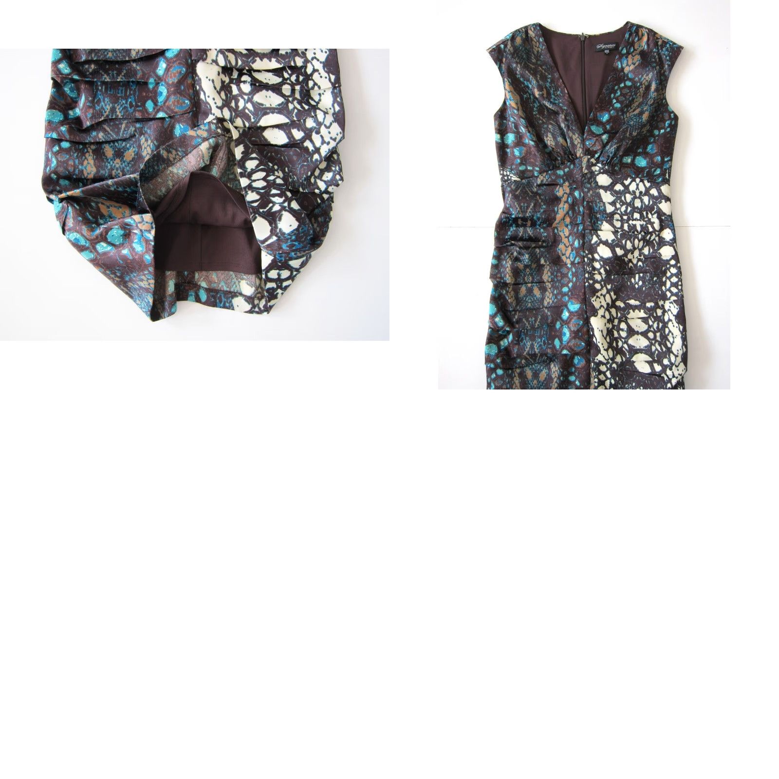 Vintage Signature Sangria Dress Snake Print Sheath Brown 4 V-Neck Cap Sleeves Ruched Empire Knee Length Satin Women Size S / US 4 / IT 40 - 8 Thumbnail