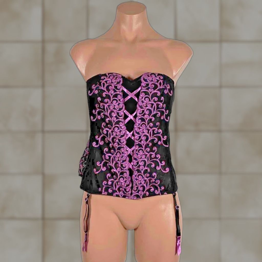 VINTAGE Fredericks of Hollywood Purple Embroidered Black Sexy Corset Lingerie Size 36 Women Corset Top