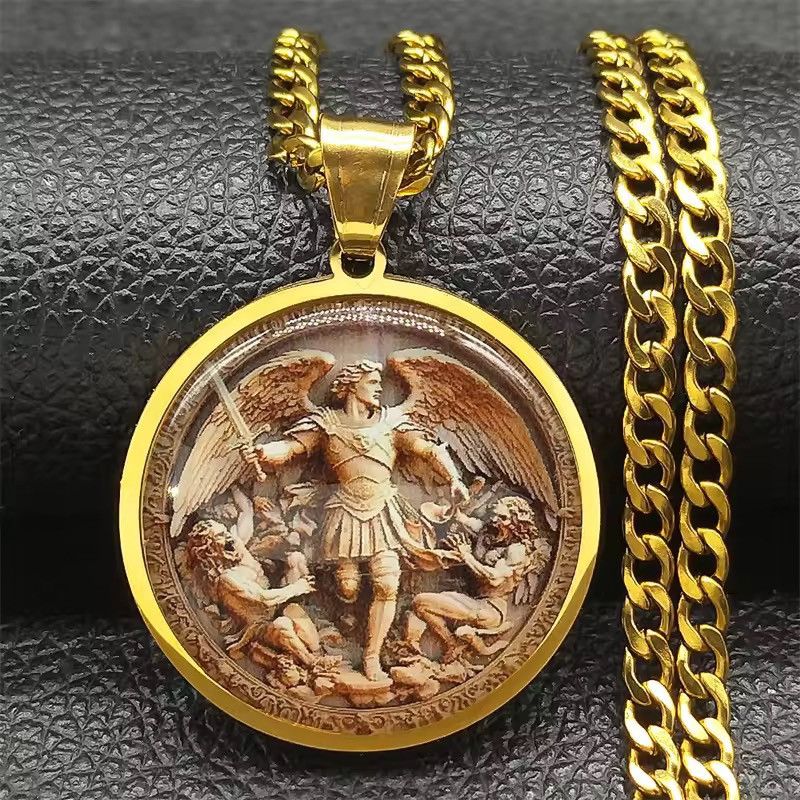 Jewelry SAINT MICHAEL PROTECT US Archangel Glass Pendant Necklace Size ONE SIZE - 1 Thumbnail