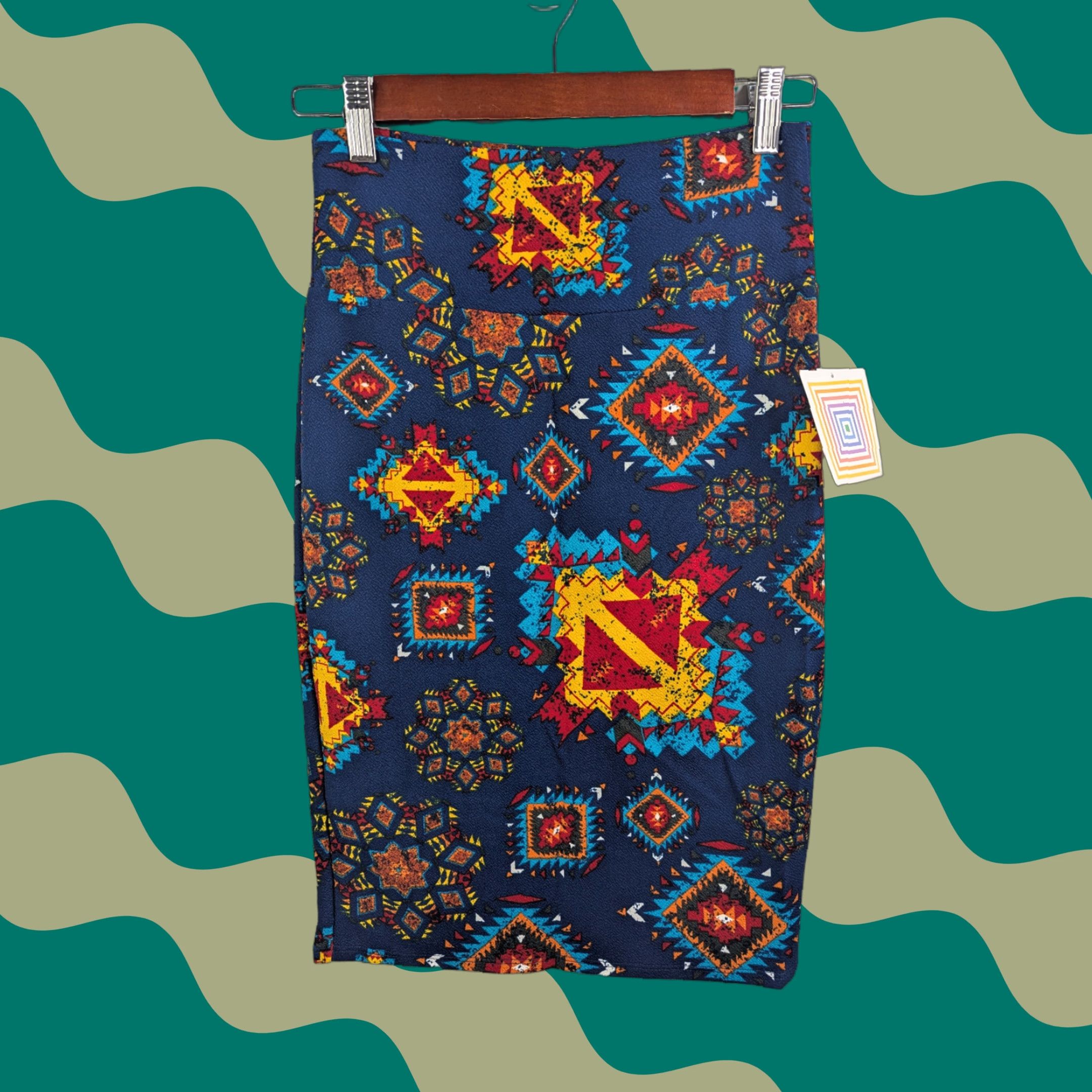 Vintage NWT LuLaRoe Cassie Midi Skirt XS Blue Aztec Geometric Print Size 26" / US 2 / IT 38 - 1 Thumbnail