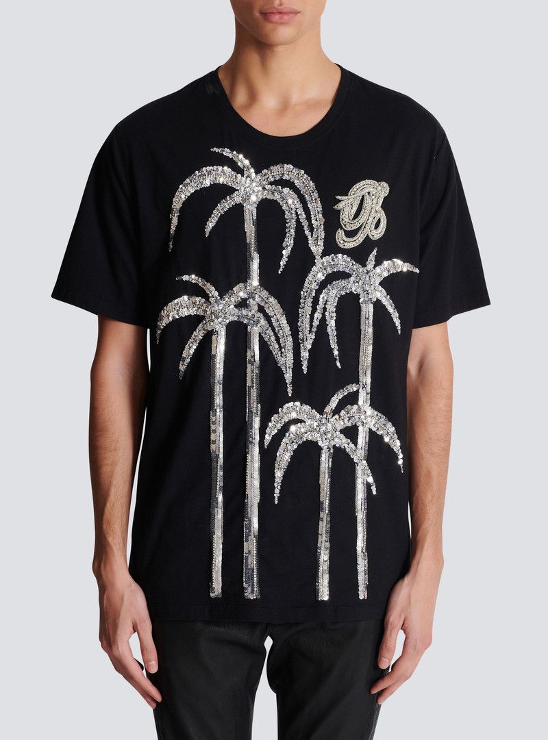 Balmain o1mt1gz0126 Embroidered Palm Tree T-Shirt in Black Size US L / EU 52-54 / 3 - 5 Thumbnail