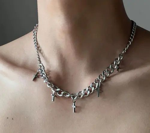 Jewelry Silver Chain Necklace with Cross Charms Size ONE SIZE - 1 Thumbnail