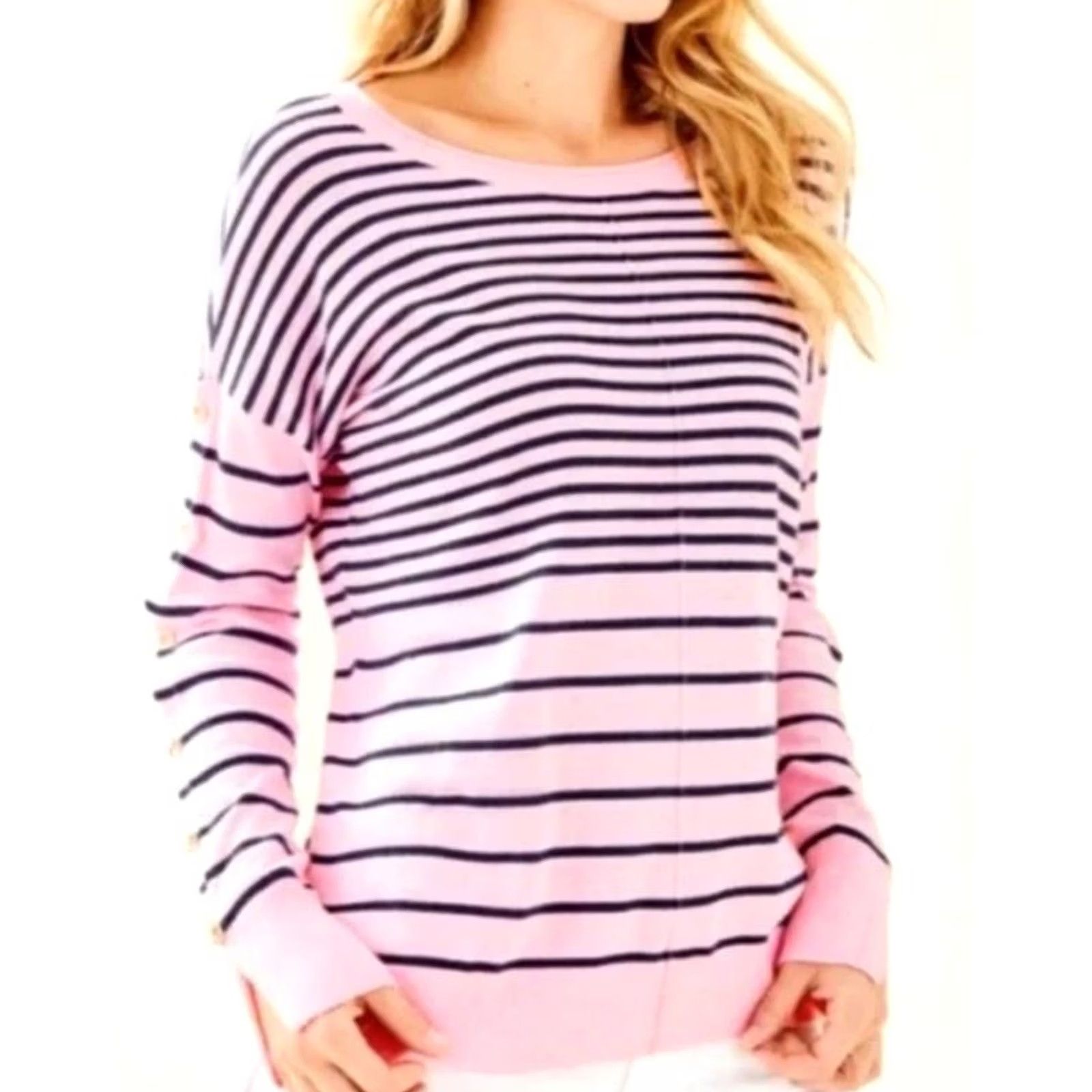 Lilly Pulitzer Lilly Pulitzer Women's Sweater Stripe Pink L Cotton, Polyester Pullover Round Neck All Seasons Lightweight Knit Button, Machine Washable Size L / US 10 / IT 46 - 7 Thumbnail