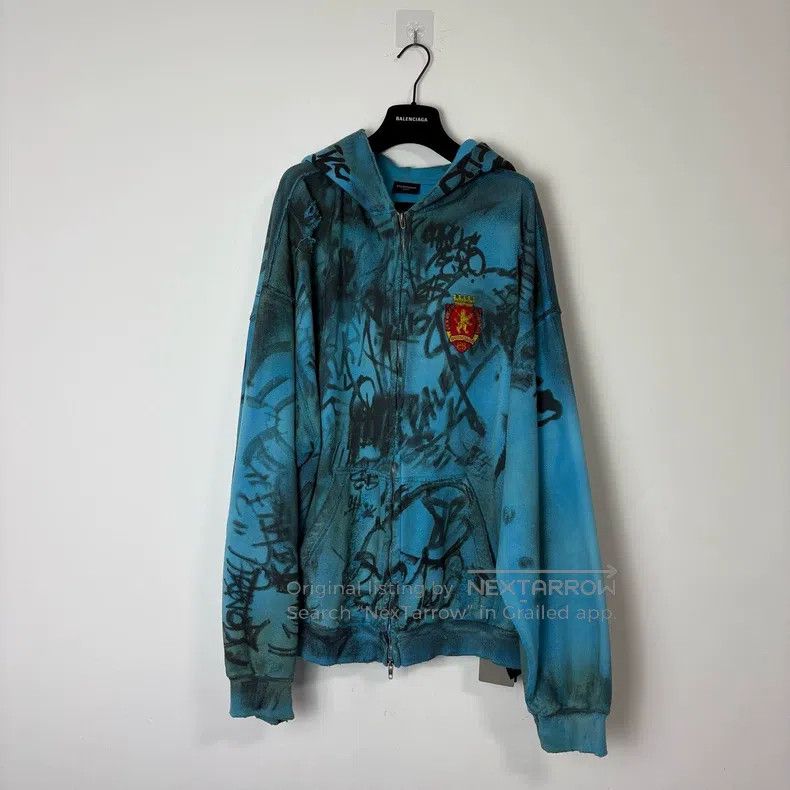 Balenciaga Balenciaga Blue Manchester Mud Dyed Destroyed Zip Hoodie Size US XXL / EU 58 / 5 - 1 Thumbnail