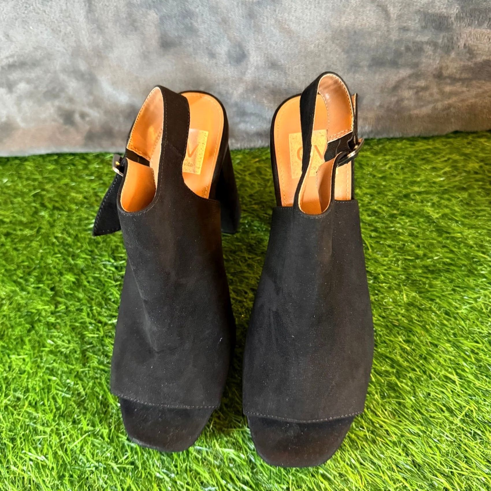 Vintage DV by Dolce Vita Powder Black Faux Suede Platform Slingback Sandals Womens 7.5 Block Heel 4.5" Buckle Wide Strap Women Party/Cocktail Shoes Size US 8 / IT 38 - 4 Thumbnail