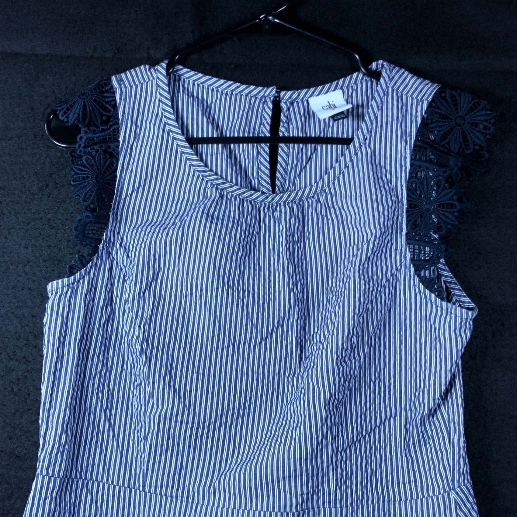 Vintage CAbi Blouse Blue White Striped Crew Flutter Lace Sleeve Peplum Stretch S Womens Shirt Size S / US 4 / IT 40 - 2 Thumbnail