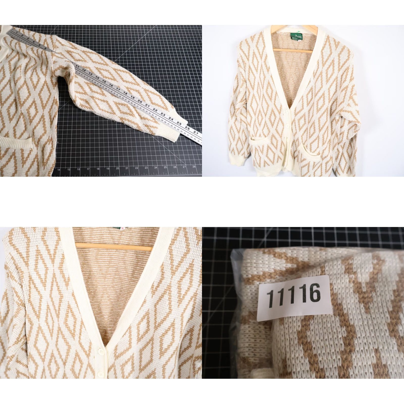 Vintage VINTAGE Boundary Waters Cardigan Womens Medium Ivory Diamond Pattern Sweater 90s Retro Geometric Knit Wool Blend V-Neck Long Sleeve Size M / US 6-8 / IT 42-44 - 8 Thumbnail