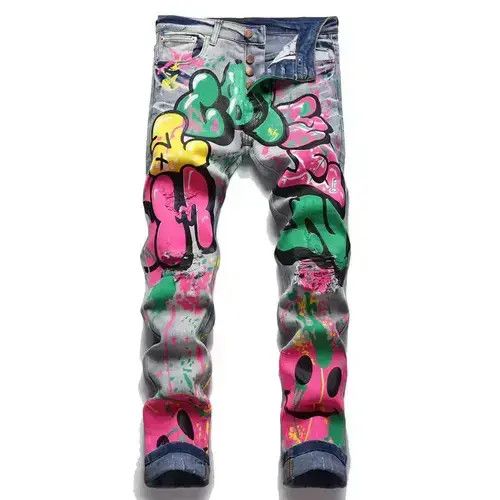 Other Men Colored Doodle Painted Denim Jeans Streetwear Size US 34 / EU 50 - 3 Thumbnail