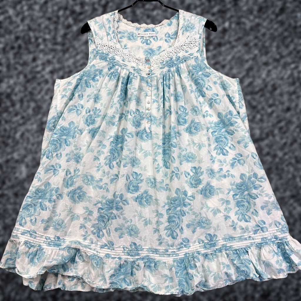 Vintage Eileen West Nightgown Womens XL Blue White Floral Lace Sleeveless Chemise Size ONE SIZE - 1 Thumbnail