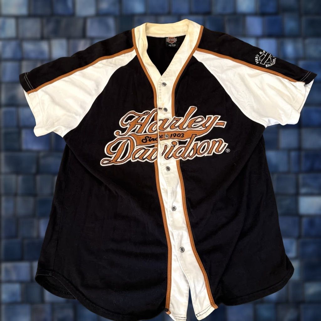 Harley Davidson VINTAGE Harley-Davidson Since 1903 Black Gold Baseball Jersey Mens Medium Button-Up Short Sleeve Men's Regular Black Stone? Size US M / EU 48-50 / 2 - 1 Thumbnail