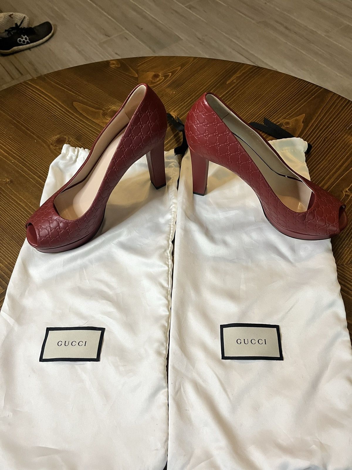 image of Gucci Leather Peep-Toe Pumps Shoes in Burgandy, Women's (Size 8)