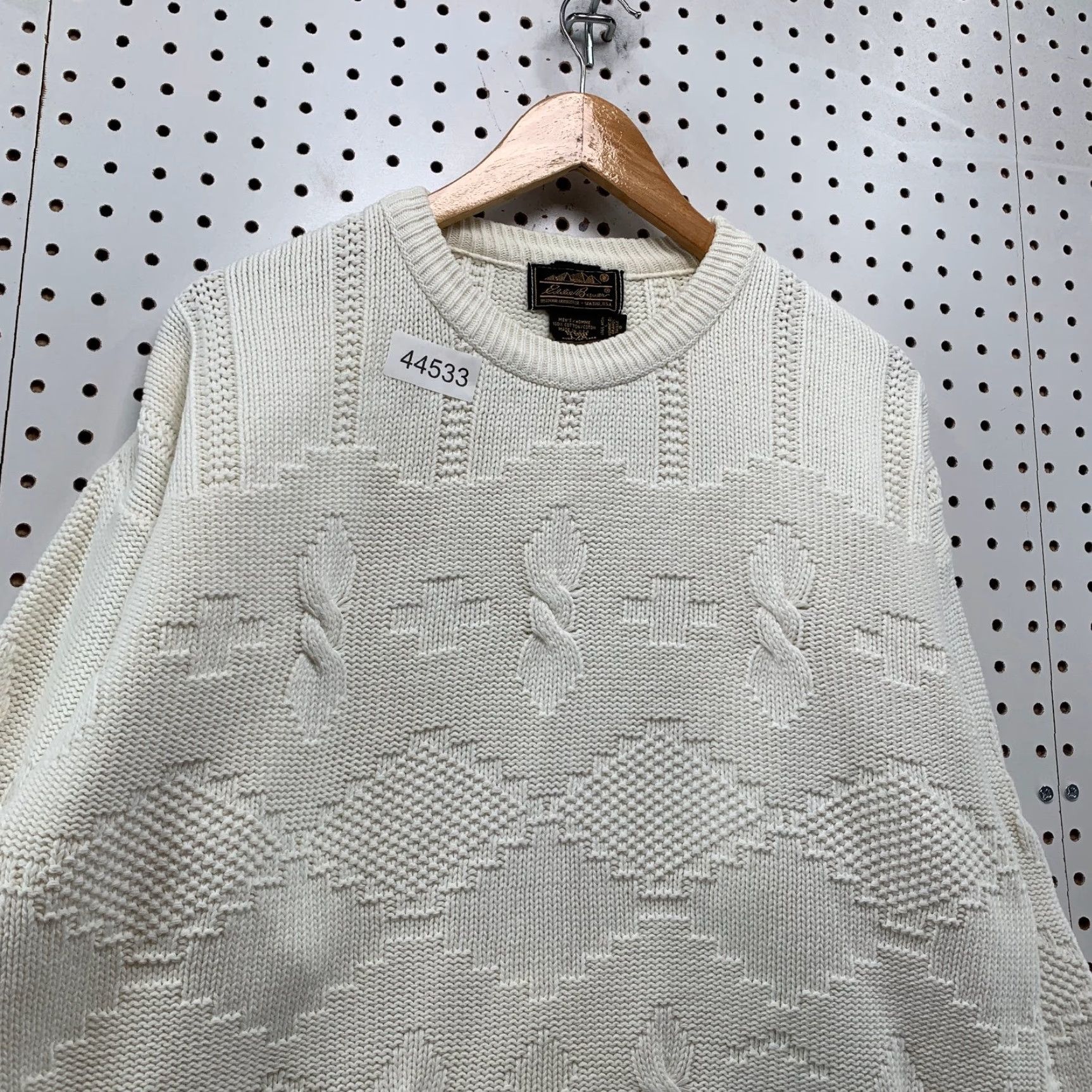 Vintage Eddie Bauer Sweater Mens Large White 80s Cable Knit Made USA
