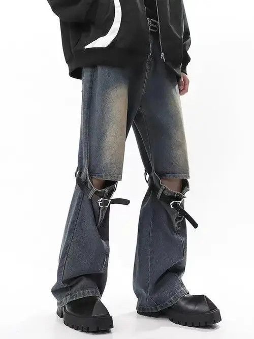 Retro washed distressed ripped belt patchwork jeans