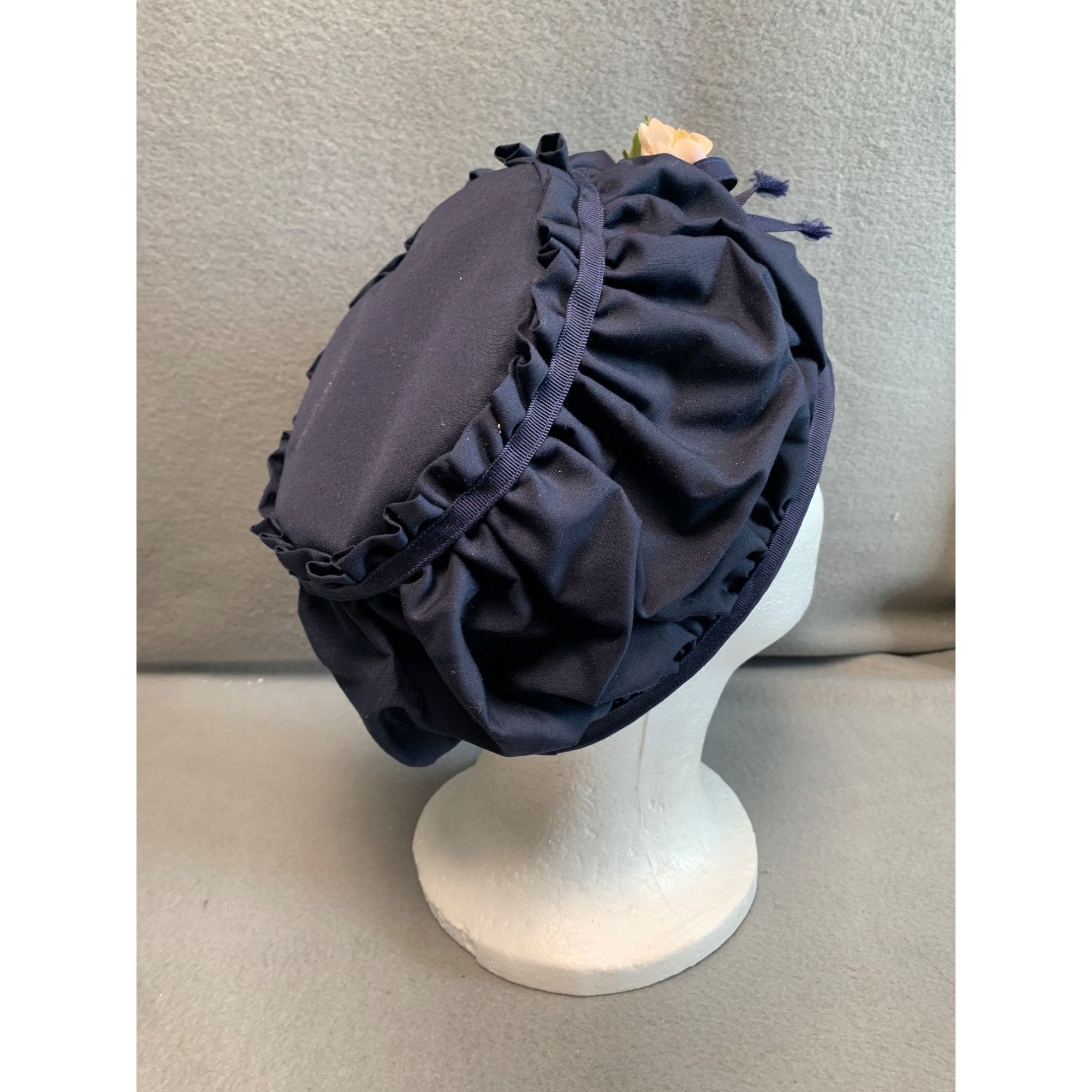Vintage Handmade Navy Blue Ruffled Vintage Hat with Floral Accent by Size ONE SIZE - 2 Thumbnail