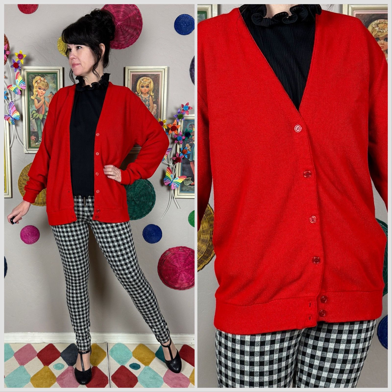 Vintage Vintage 1970s Cherry Red V-Neck Acrylic Cardigan Sweater Size M / US 6-8 / IT 42-44 - 1 Thumbnail