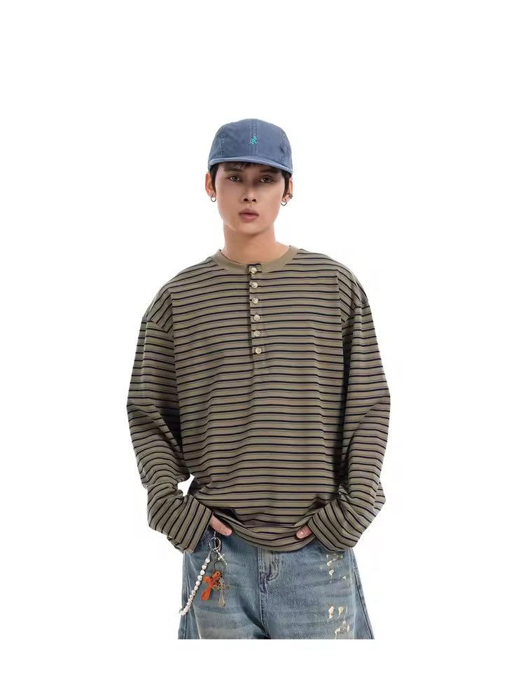 Other Striped Basic Casual Loose Button Neck Long Sleeve Shirt Size US L / EU 52-54 / 3 - 3 Thumbnail