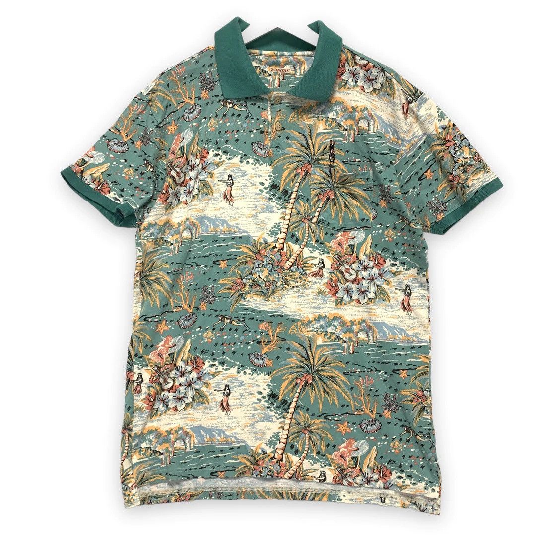 image of Kapital Hula Girl Aloha Diver Print Pocket Polo Shirt in Green, Men's (Size XL)