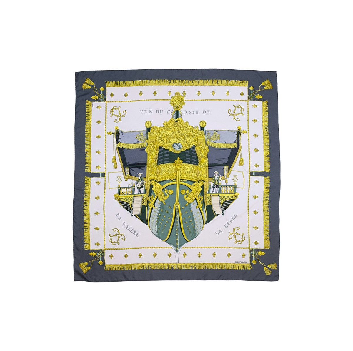 image of Hermes Carre 90 La Reale Vue Du Carrosse De La Galère Scarf in Gray Gold, Women's