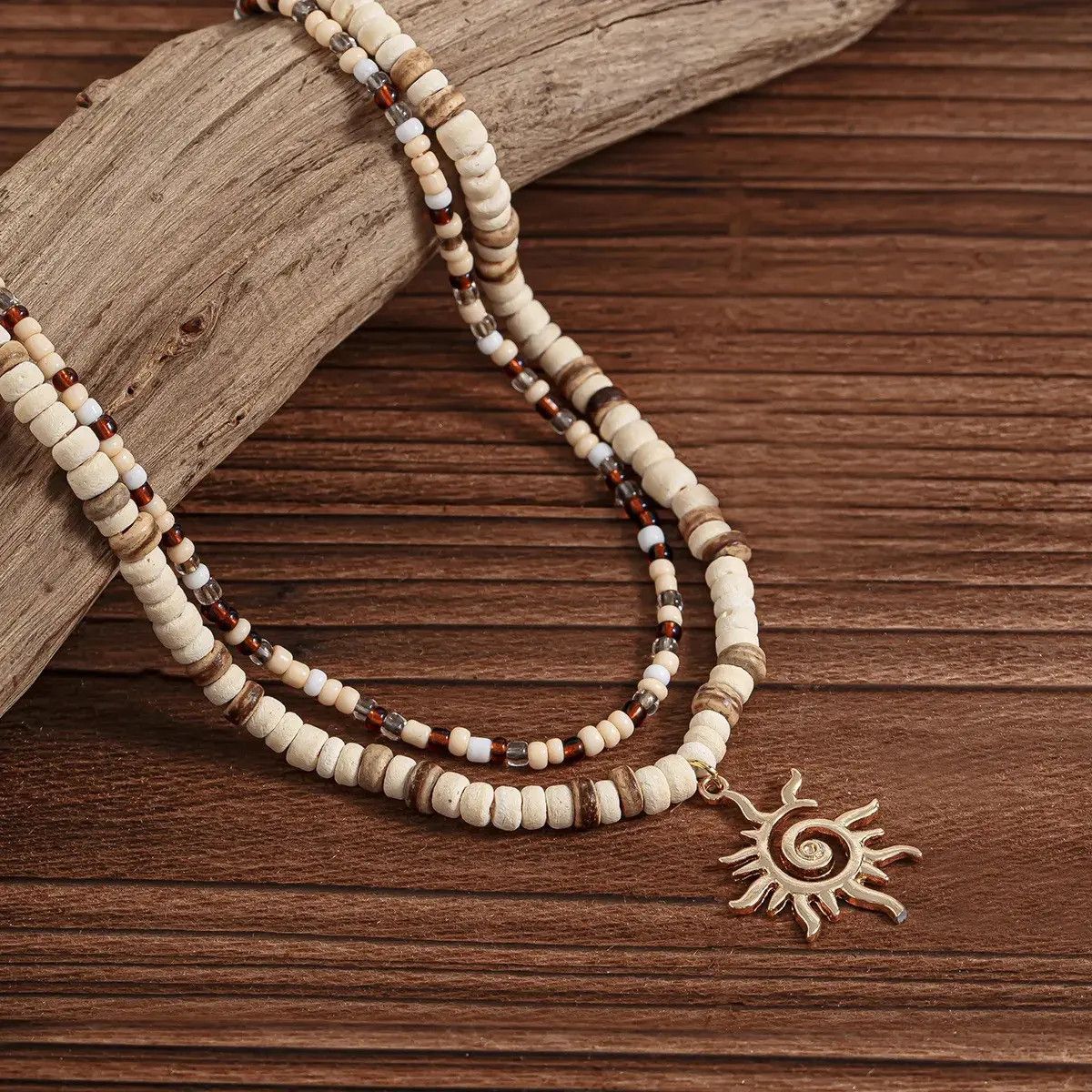 Vintage Coconut Shell Wood Beads Sunflower Necklace Size ONE SIZE - 2 Thumbnail