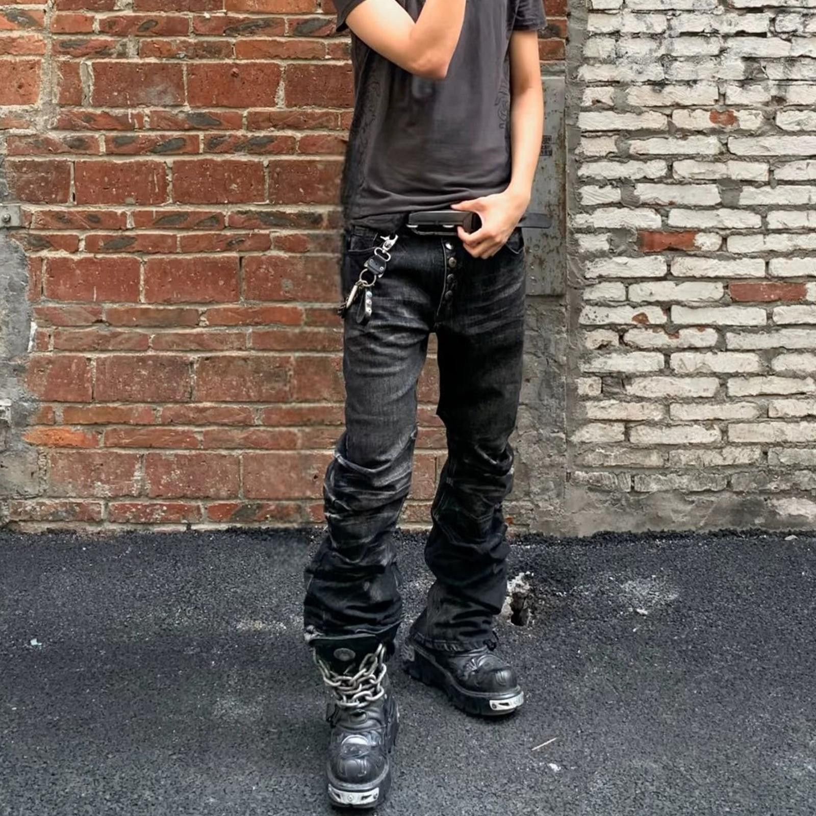 Vintage Black Button Stud Pleated Stacked Denim Jeans Size US 32 / EU 48 - 1 Thumbnail