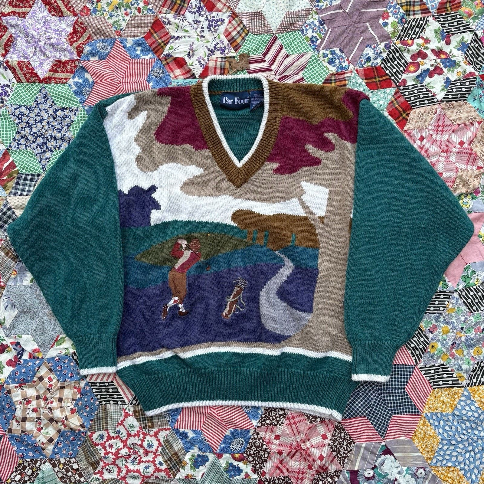 Vintage Vintage 1990s Embroidered Golf Knit Sweater Size US L / EU 52-54 / 3 - 1 Thumbnail