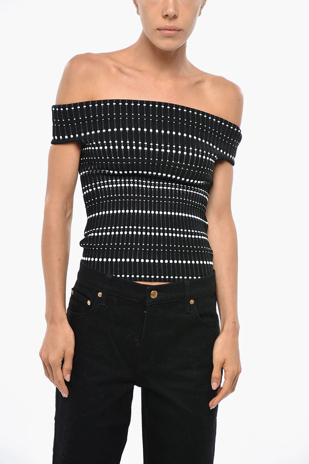 Alexander McQueen og1mm0426 Stretch-Knit Off-Shoulder Top in Black & White Size S / US 4 / IT 40 - 1 Thumbnail