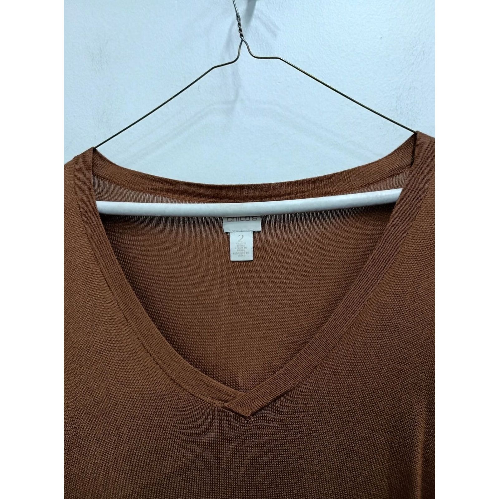 Vintage Chicos Womens Sweater Raglan Sleeve Large Brown Fringe Hem V-Neck Casual Pullover Knit Size L / US 10 / IT 46 - 2 Thumbnail