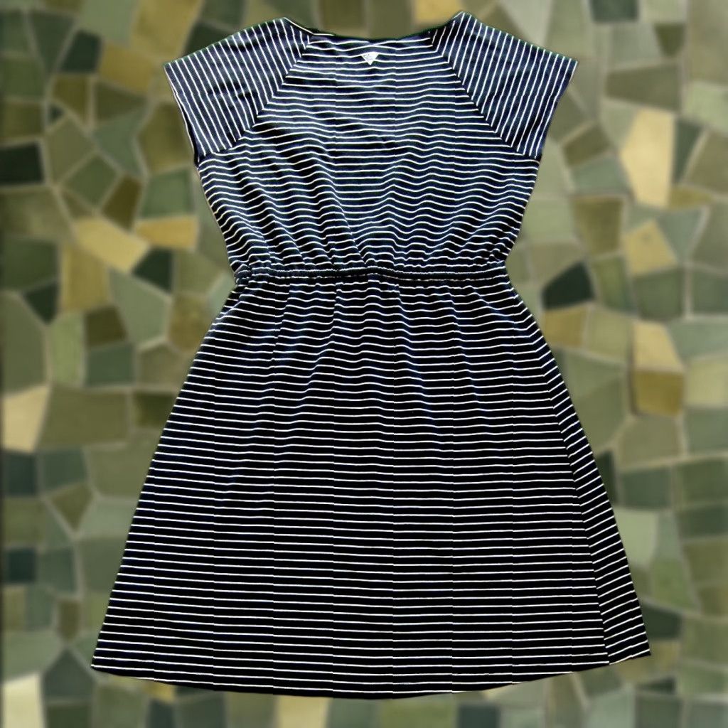 Vintage Columbia Sheath Dress Black Cap Sleeve Jersey Cotton Stretch Large White Stripe Crew Neck Size L / US 10 / IT 46 - 1 Thumbnail