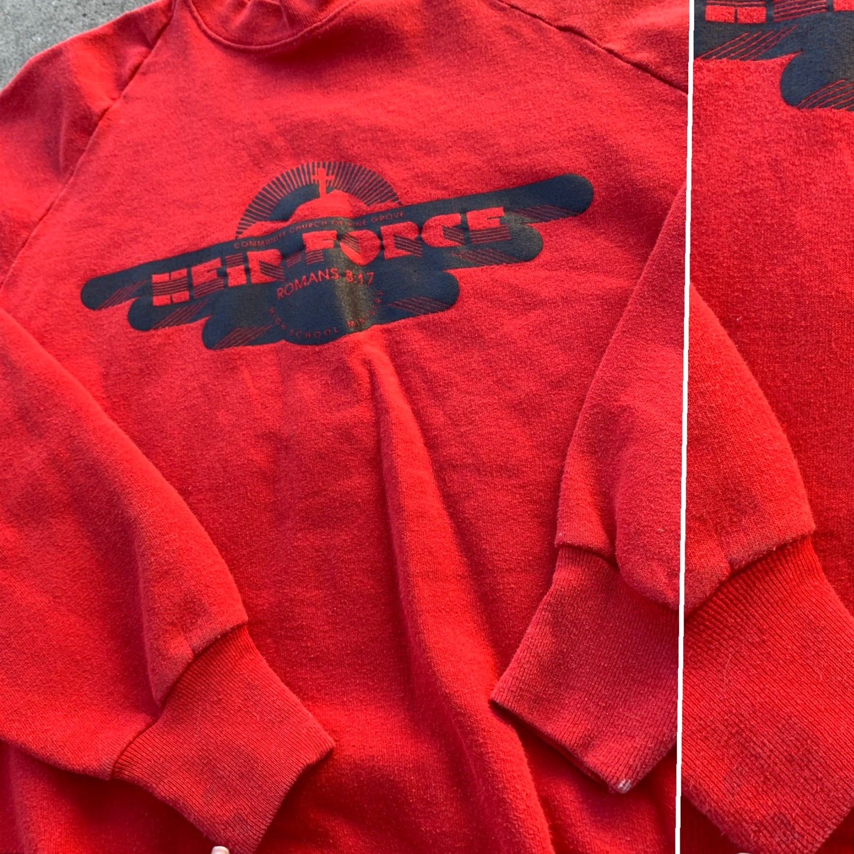 Vintage Belton Red Raglan Sweatshirt Men L Graphic Print Christian Heir Force Romans 8:17 Vintage 70s 80s USA Shirt Pullover Crew Neck Size US L / EU 52-54 / 3 - 5 Thumbnail