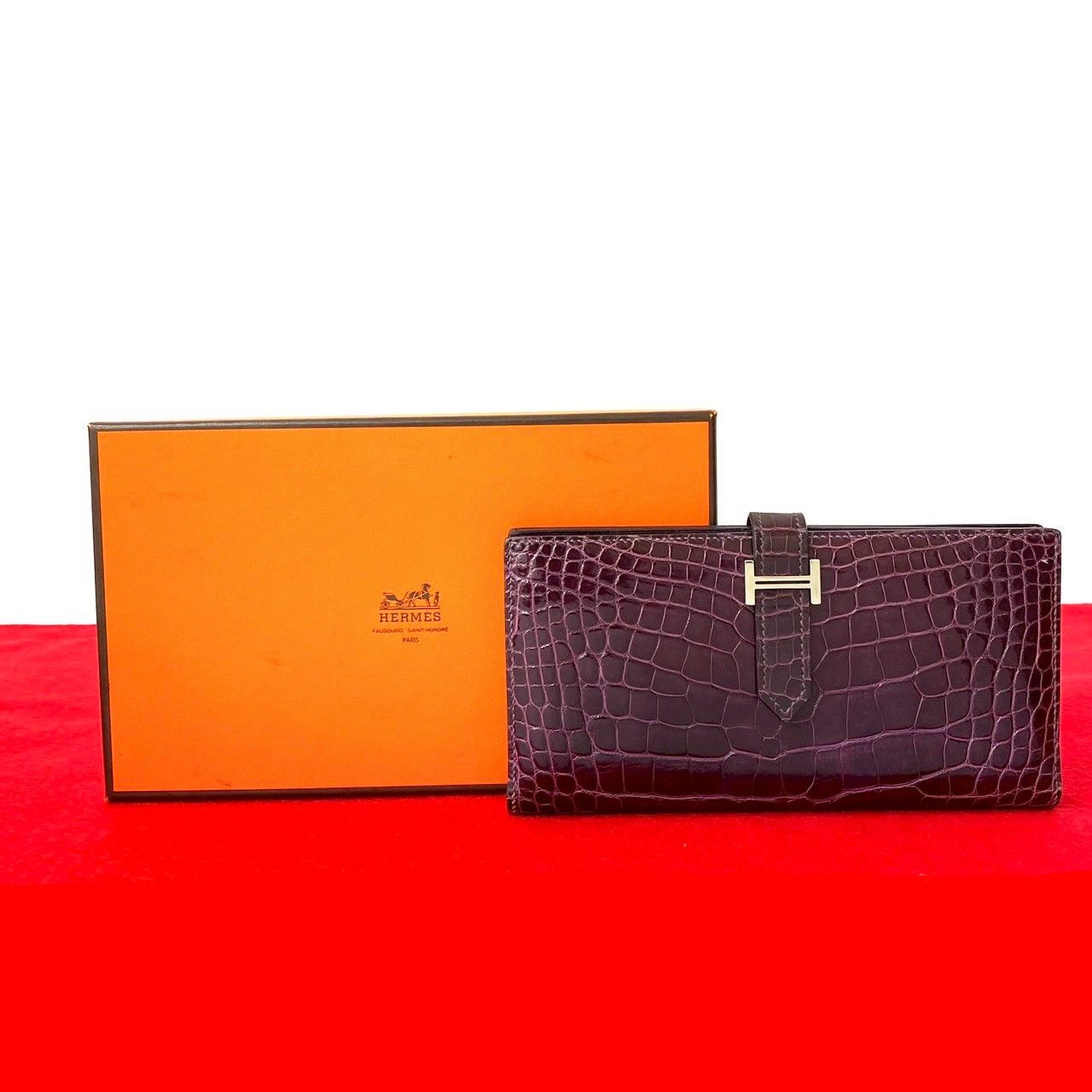 Hermes Hermes Béarn Soufflet Alligator Wallet Leather Long Wallet Stamp R (2014) DUTY FREE for USA