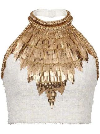 image of Balmain O1Srvl11E0524 Beaded Halterneck Cropped Top In White, Women's (Size Small)