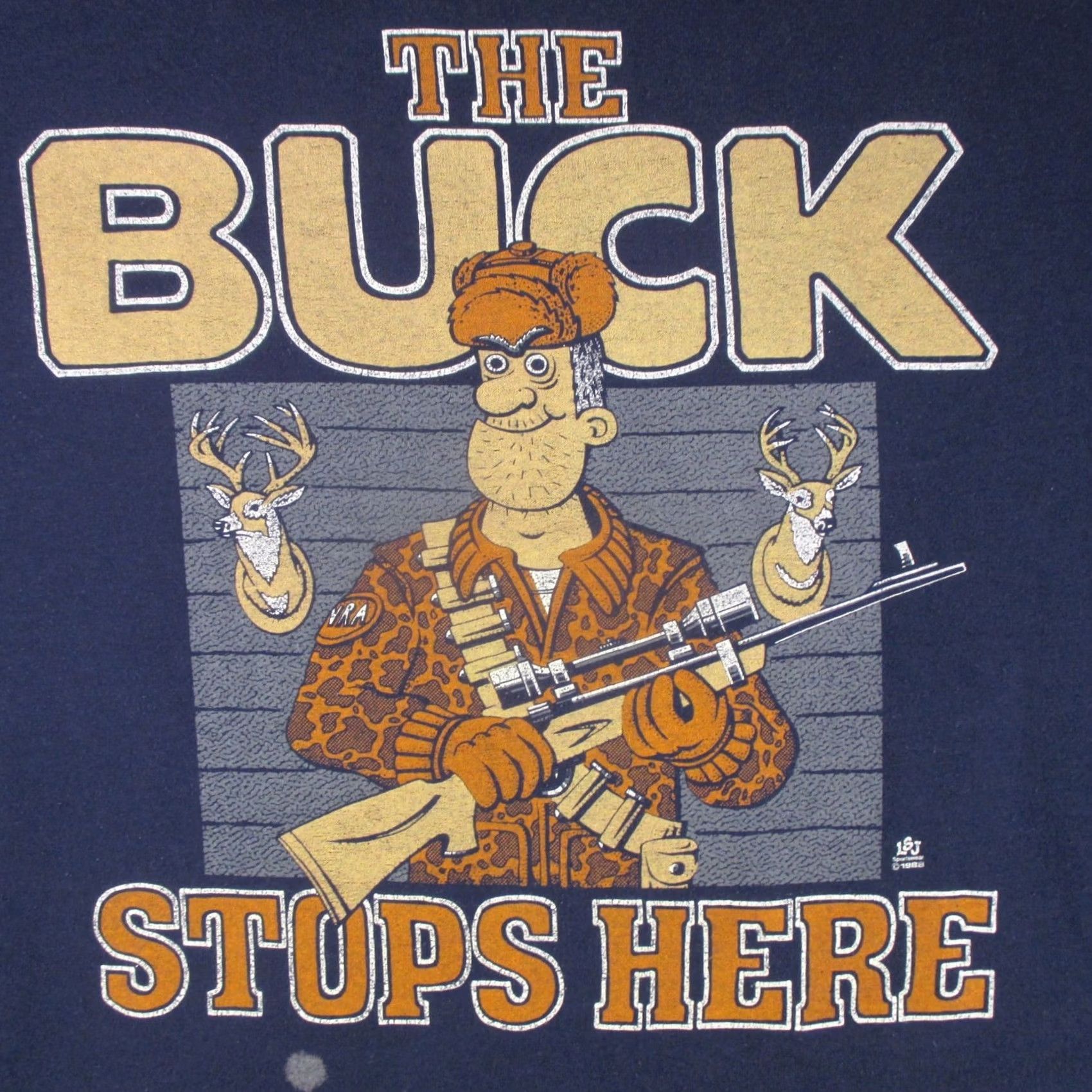 Vintage vintage 80s THE BUCK STOPS HERE T-Shirt SMALL HUNTING CARTOON deer rifle thin Size US S / EU 44-46 / 1 - 3 Thumbnail