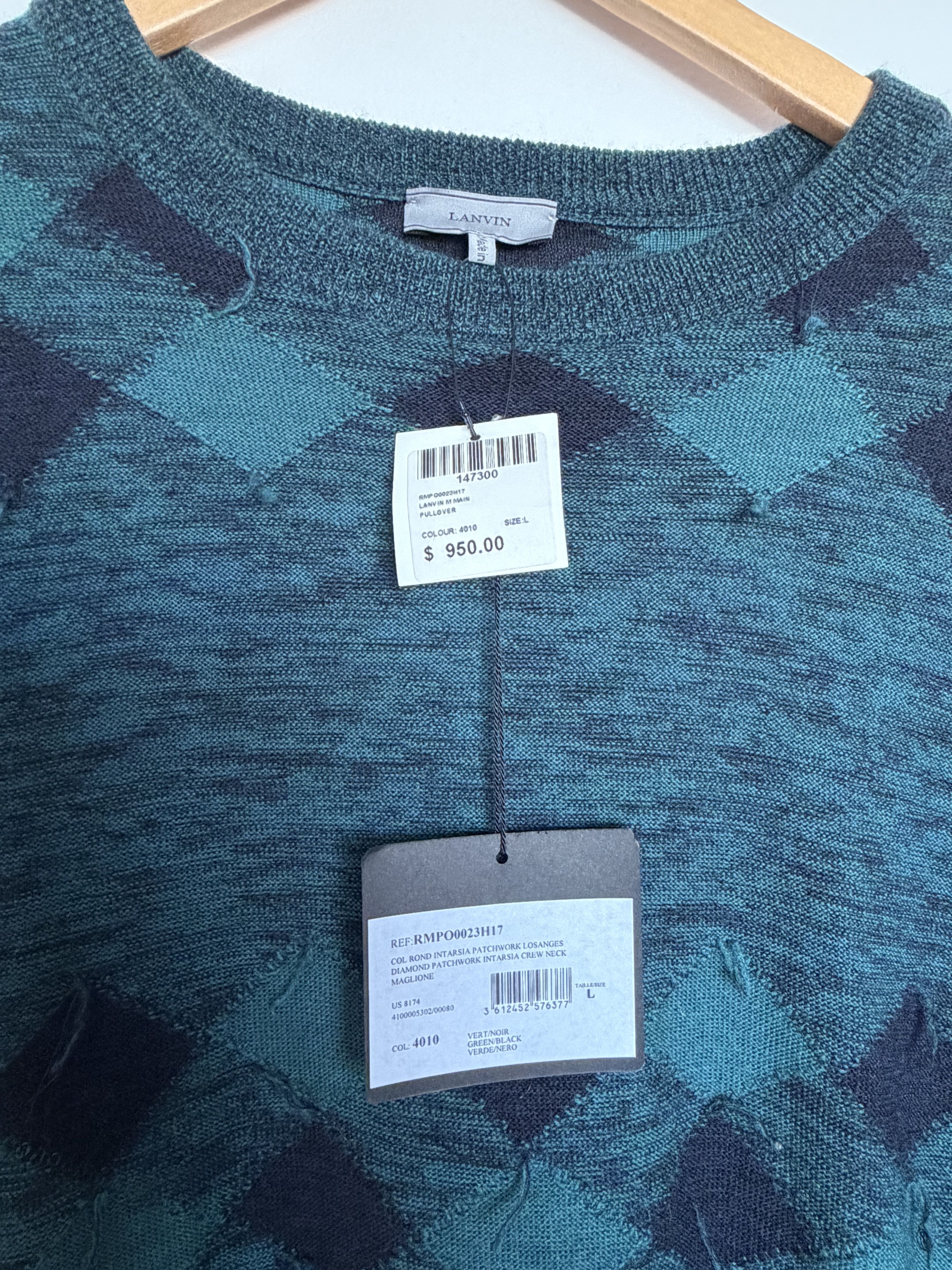 Lanvin Lanvin Distressed Argyle Patchwork Wool Sweater Green L Size US L / EU 52-54 / 3 - 3 Thumbnail