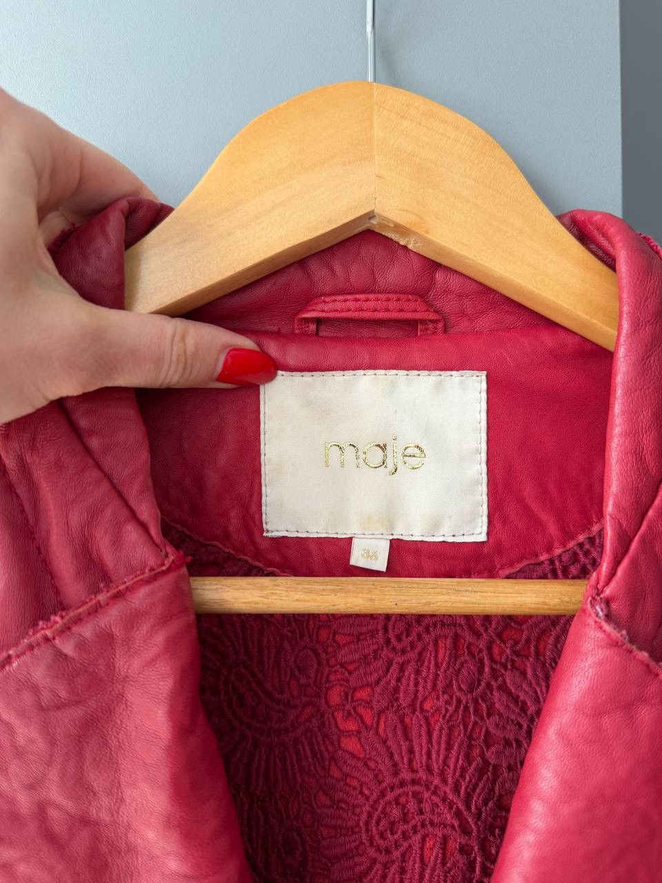 Maje Maje Embroidered Leather Biker Jacket Red Size XS / US 0-2 / IT 36-38 - 8 Thumbnail