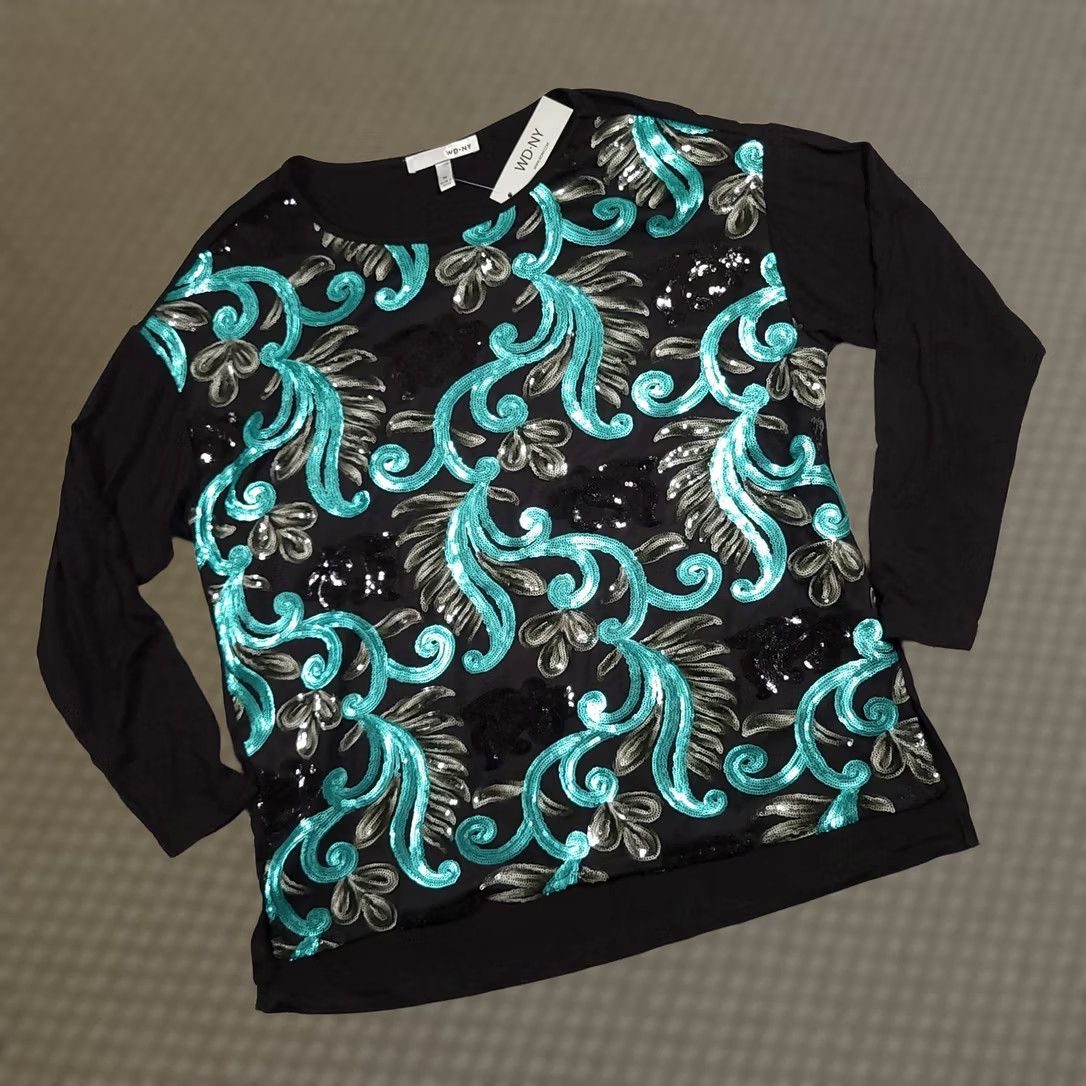 Altea WDNY Sequin Shirt Women's M Black Teal Silver Floral Stretch Long Sleeve Size M / US 6-8 / IT 42-44 - 1 Thumbnail