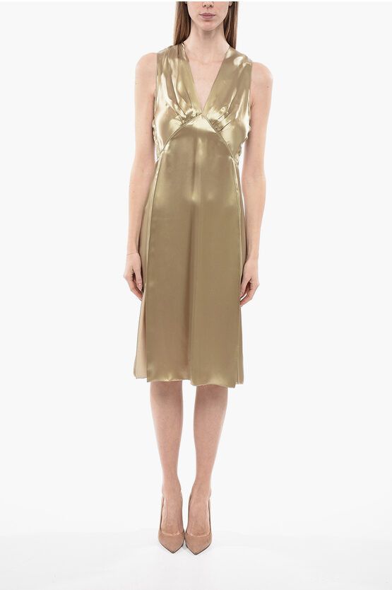 image of Bottega Veneta Satin Gathered Dress With V-Neckline in Gold, Women's (Size Medium)