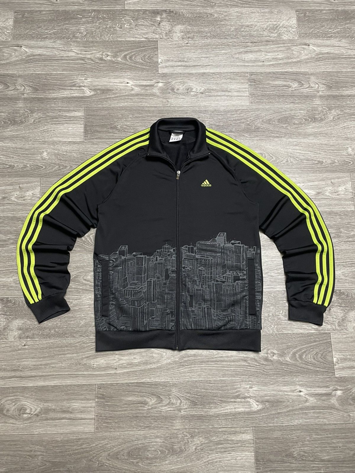 Adidas Track Jacket Black Neon 3-Stripes City Skyline Print