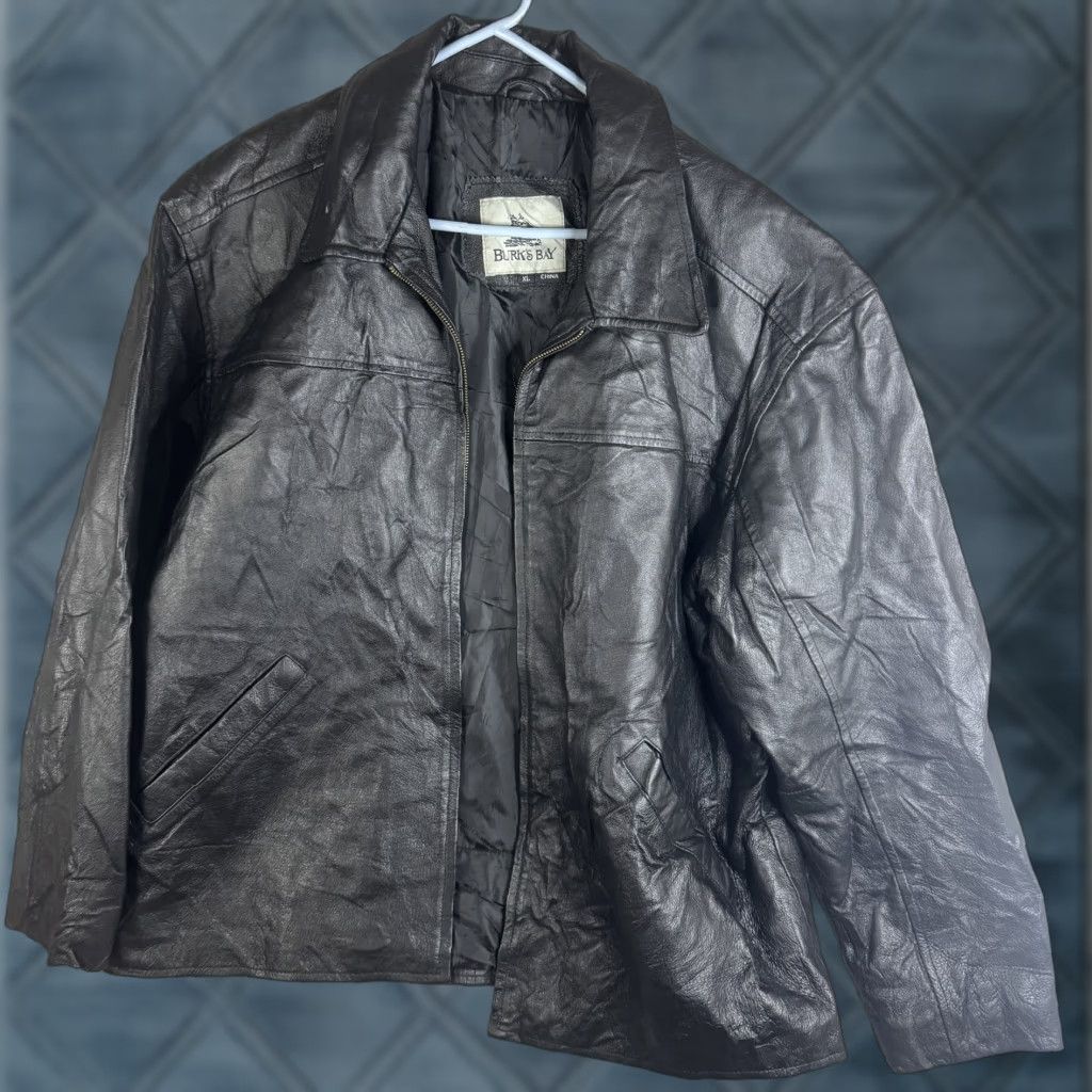 Vintage Burk's Bay Jacket Mens XL Black Leather Full Zip Bomber Insulated Lined Size US XL / EU 56 / 4 - 1 Thumbnail