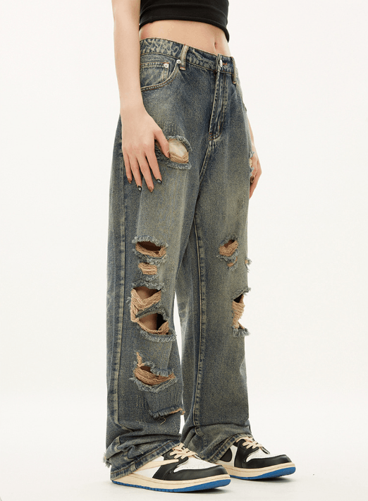 Japanese Brand × Jean Street men's hiphop straight street ripped beggar jeans Size US 32 / EU 48 - 2 Thumbnail