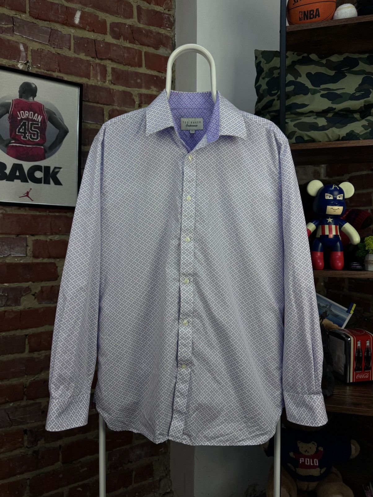 Designer × Ted Baker TED BAKER Endurance Printed Geometric White/Purple Shirt Size US XL / EU 56 / 4 - 2 Thumbnail