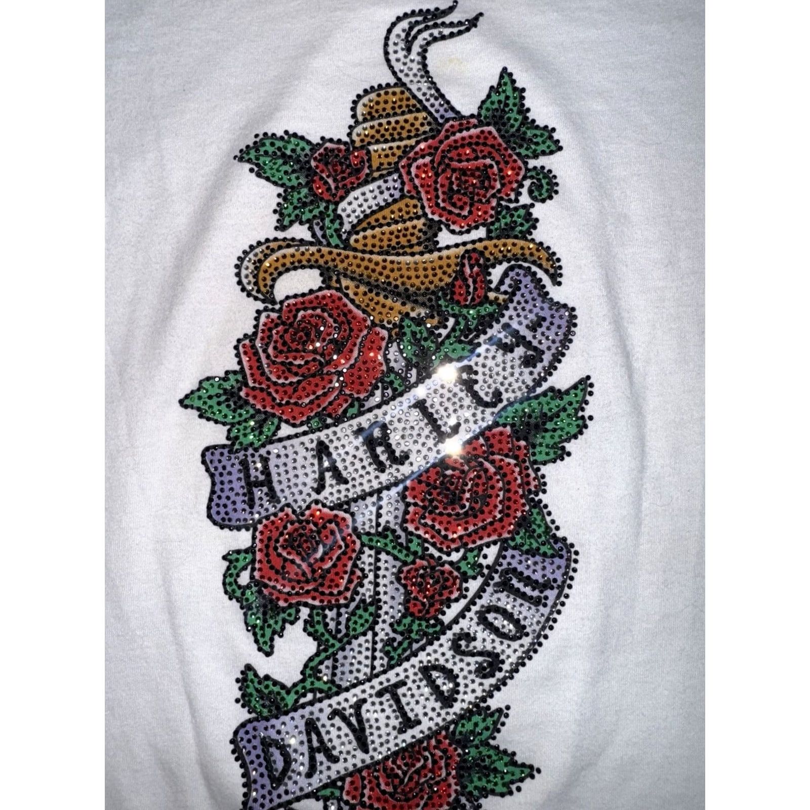 Harley Davidson VINTAGE Harley-Davidson Women’s T Shirt Short Sleeve Rose Rhinestones Bling Size S Size S / US 4 / IT 40 - 3 Thumbnail