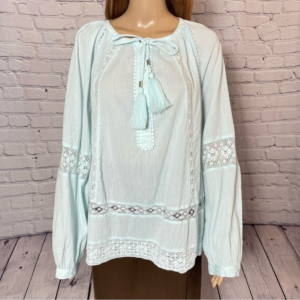 Chicos NWT New Chico's Mint Cotton Crochet Trim Tassel Long Sleeve Size XL / US 12-14 / IT 48-50 - 3 Thumbnail