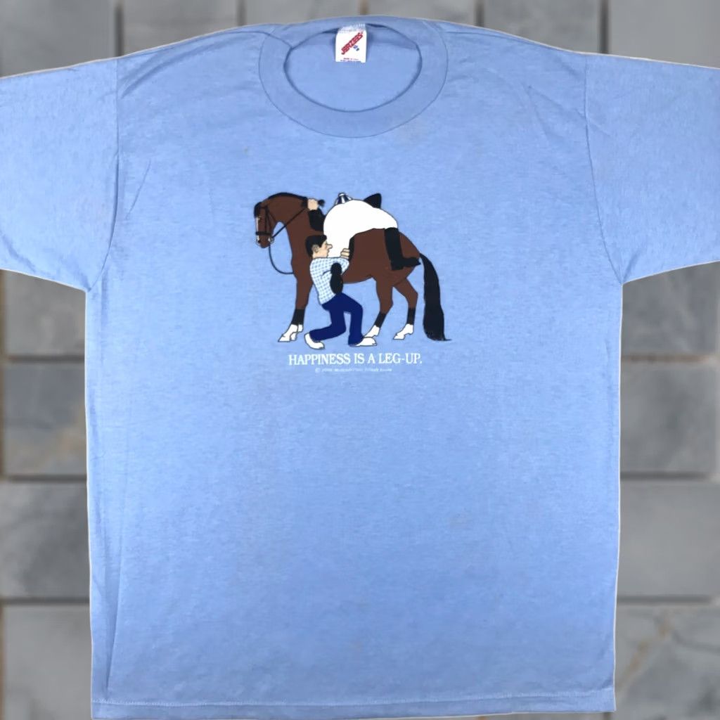 Jerzees NOS vtg 80s HAPPINESS IS A LEG UP HORSE JOCKEY CARTOON T-Shirt L blue Nike Shirt Ladies Mens Womens Boys Girls Size US L / EU 52-54 / 3 - 1 Thumbnail