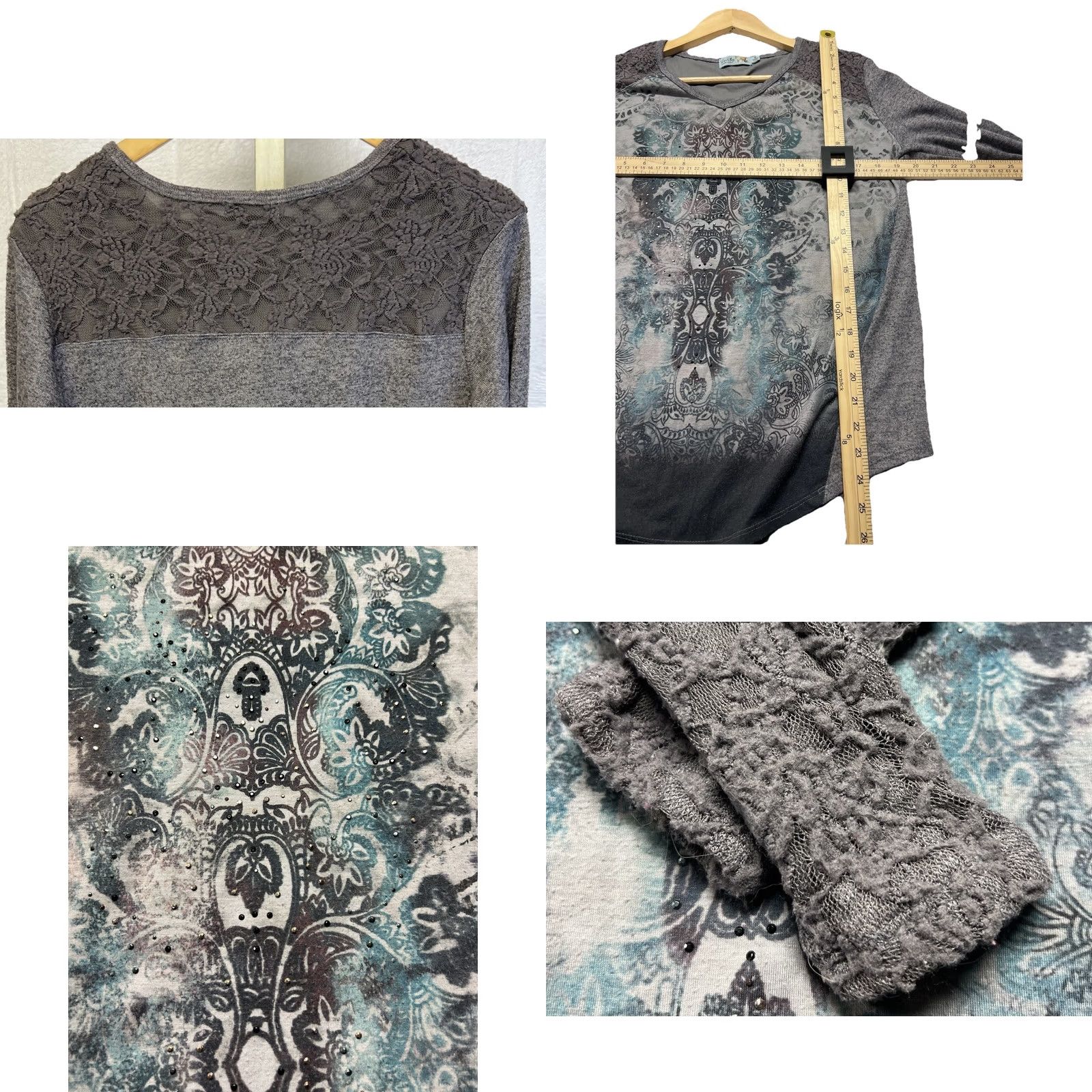 Vintage Unity World Boho Lace Rhinestones Mixed Media Top Women’s S Gray Size S / US 4 / IT 40 - 8 Thumbnail