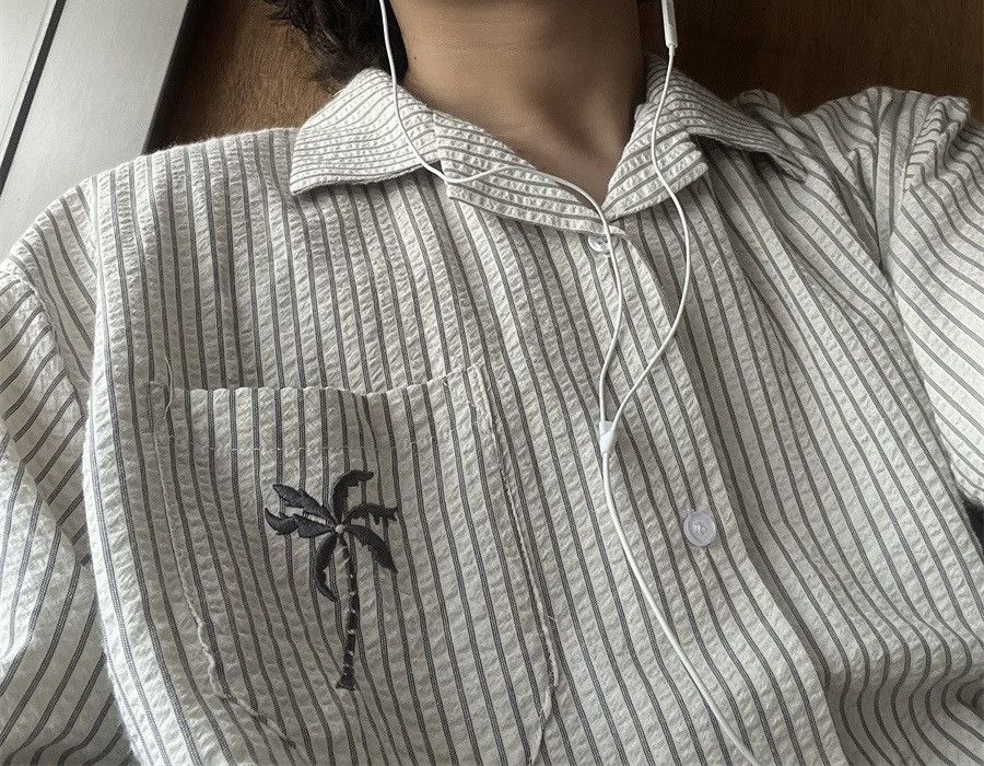 Y2k retro coconut palm tree embroidery striped shirt