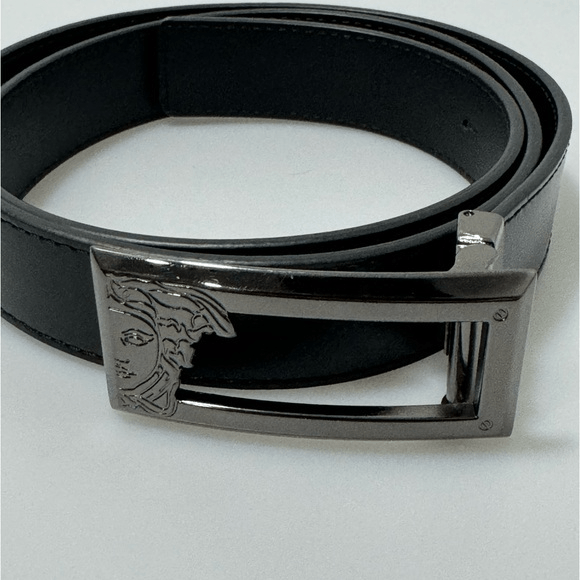 image of Versace Collection Half Medusa Head Leather Belt Black Silve, Men's (Size 38)