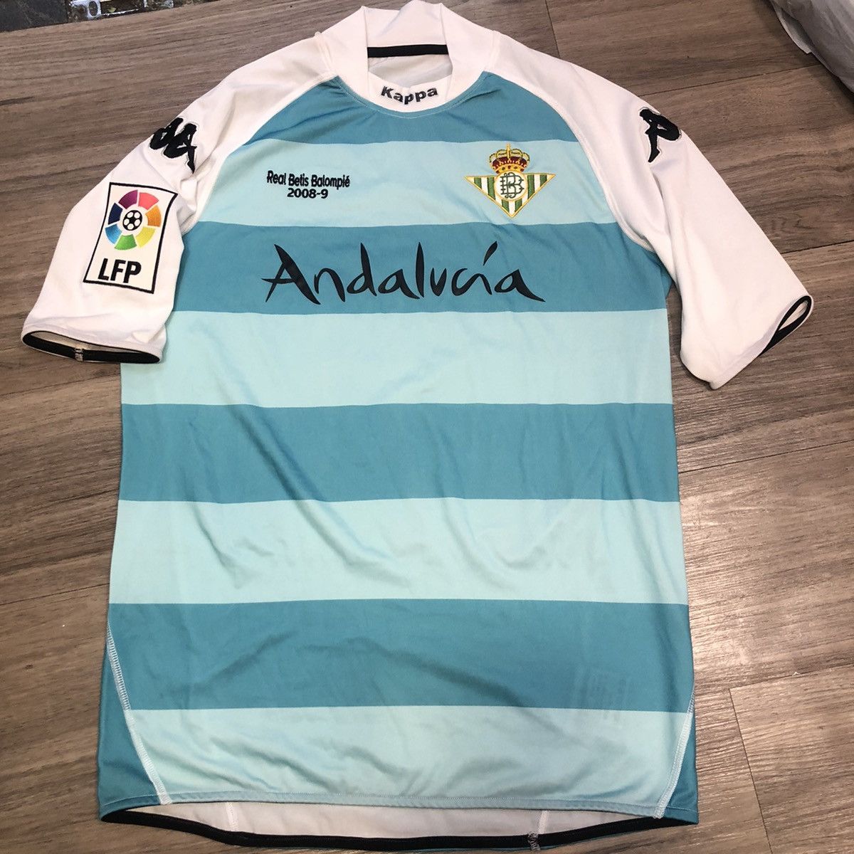 image of Kappa x Soccer Jersey Betis 08/09 Match Issued Away Shirt 9 Sergio Garcia in Light Blue (Size Large