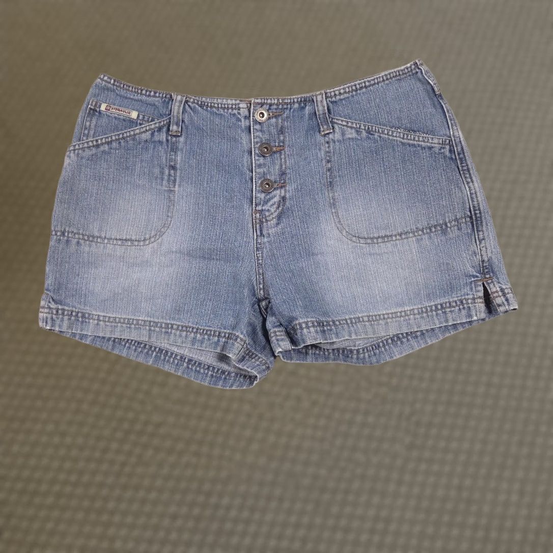 Vintage HYDRAULIC Jeans Shorts Juniors 9/10 Blue Denim Utility Button Fly Casual Pockets Size 30" / US 8 / IT 44 - 1 Thumbnail